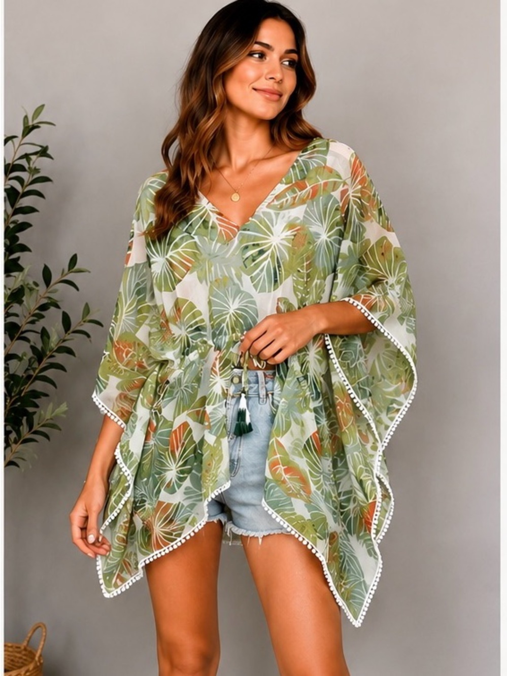 Beaches N Boho Tropical Leaf Cover-Up | Size S/M | Lightweight Resort Kaftan